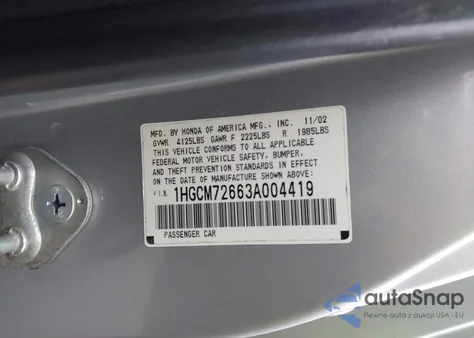 2003 Honda Accord 2.4 Ex from USA, damaged, VIN 1HGCM72663A004419